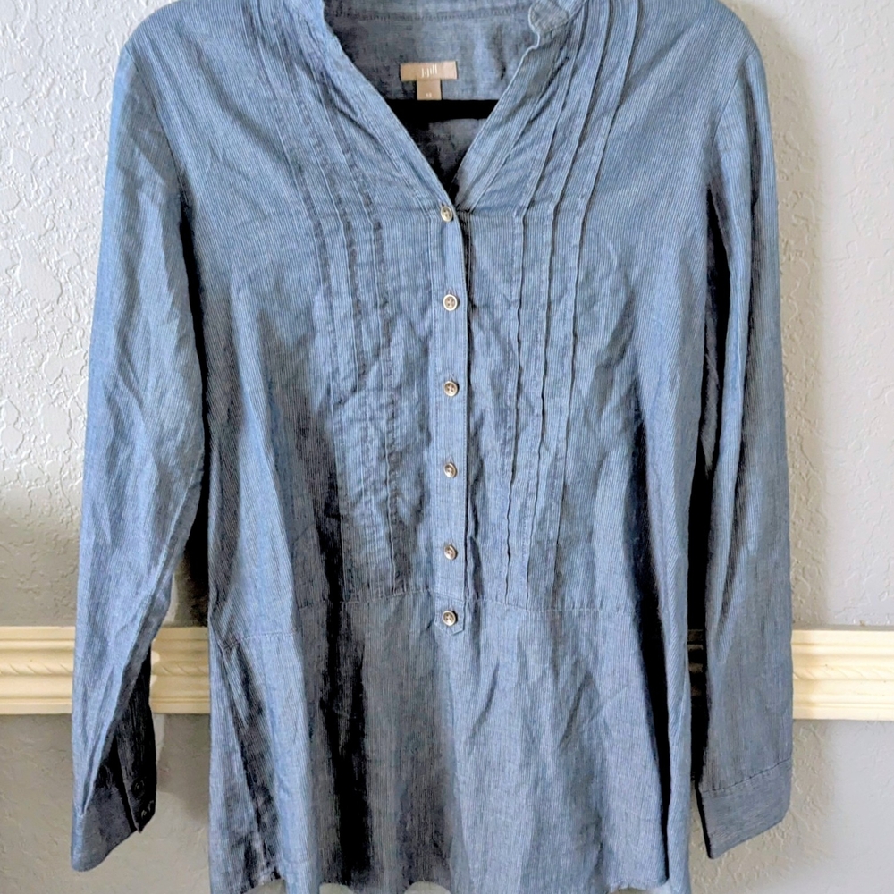 J Jill XS Petite V-neck Blue Striped Pleated Blouse 100% Cotton Button Detail